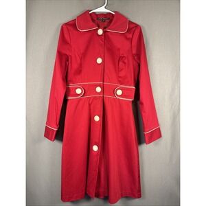 Vintage Nine West Red Button Front Dress Trench Coat  Camel Trim Mod Medium